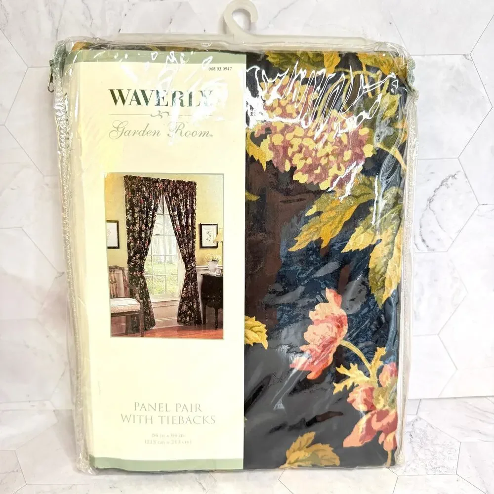 NOS Vtg Waverly Garden Room Harbor Square Black Floral Panels Tiebacks 84x84”